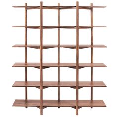 a wooden shelf with several shelves on each side and one section missing from the top