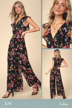 Let your dedication to style blossom in the Lulus Blooming Love Black Floral Print Ruffled Jumpsuit! Sleek woven chiffon, in a vivid magenta, yellow, and green floral print, tumbles from a ruffled surplice neckline (with hidden modesty snap), into a bodice with a fitted waist. Wide pant legs add extra drama below. Hidden back zipper/clasp. Fit: This garment fits true to size. Length: Floor length. Size medium measures 16.5" from shoulder to hem. Inseam: 31.50 Front Rise: 13.25 Bust: Great for an Floral Print Jumpsuits And Rompers For Garden Party, Summer Chiffon V-neck Jumpsuit, Chic Flowy Jumpsuits And Rompers With Floral Print, Chic Flowy Floral Jumpsuits And Rompers, Floral Print Jumpsuit For Spring Garden Party, Floral Print Jumpsuits For Garden Party In Spring, Summer Chiffon V-neck Jumpsuits And Rompers, Sleeveless Chiffon Jumpsuit For Spring, Spring Multicolor Floral Jumpsuits And Rompers