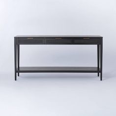 a black console table with two drawers on one side and an open drawer on the other