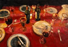 a painting of a red table with white plates and silverware on it is shown