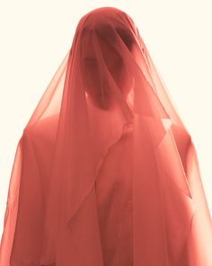 a woman wearing a veil with her face obscured by the sheer fabric on her dress