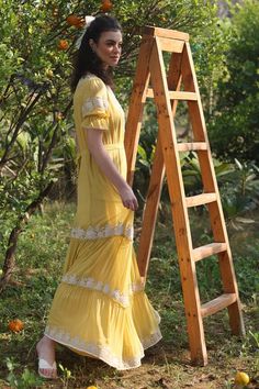 Yellow georgette layered maxi dress with floral and dori embroidery. - Aza Fashions Summer By Priyanka Gupta, Layered Maxi Dress, Dori Embroidery, Diana Penty, Eid Party, Maxi Dress For Women, Luxury Sale, Embroidered Maxi Dress, Modern Bride