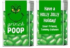 two green candy bags with the words grinch poop on them