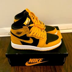 Brand New! Super Cool Color To Have With Casual Jeans Outfit Or Even A Basic Grey Dress Pretty Jordans, Painted Nike Shoes, Cool Shoes For Men, Shoes Jordan, Air Jordans Yellow, Jordan 4 Black And Yellow, Jordan Shoes Black, Yellow Synthetic Jordan Shoes For Streetwear, Black And Yellow Jordans