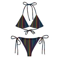 Stay comfortable and stylish all summer with this All-Over Print Recycled String Bikini set. It’s made from soft recycled polyester with double-layering and UPF 50+. Style the straps how you like, and get ready to swim! • Soft and stretchy material with UPF 50+ • Sizes up to 6XL • Bikini top comes with removable padding for comfort • Multiple ways to tie and style the bikini set • Color design options for swimwear lining Disclaimer: To make your All-Over Print Recycled String Bikini last longer, Bohemian String Swimwear For Vacation, Bohemian Multicolor Adjustable Swimwear, Blue Swimwear With Adjustable Straps For Festival, Adjustable Straps Swimwear For Festivals, Multicolor String Swimwear For Poolside, Black Tie-side Swimwear For Festivals, Multicolor String Swimwear For Beach, Adjustable Blue Swimwear For Festivals, Black String Swimwear For Beach