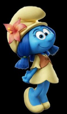 the smurf is wearing a hat and holding a flower in her hand,