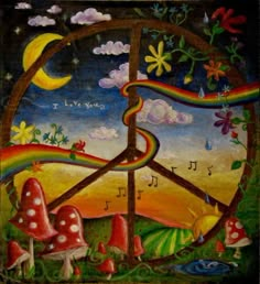 an image of a painting with mushrooms and trees in the background, including a rainbow