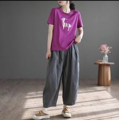 Details: Gender: Women Item Type: Pants Material: Linen Season: Spring, Autumn Pattern: Solid Style: Casual, Loose, Retro Waist Type: Elastic Waist Size: One Size Waist: 74.00 - 104.00 cm/ 29.13 - 40.94 " Length: 87.00 cm/ 34.25 " Hip: 134.00 cm/ 52.76 " Thigh: 82.00 cm/ 32.28 " Purple Relaxed Fit Wide Leg Pants For Spring, Spring Purple Wide Leg Pants With Relaxed Fit, Purple Cotton Wide Leg Pants For Spring, Casual Baggy Purple Pants, Casual Purple Harem Pants For Summer, Casual Purple Straight Pants, Casual Purple Wide Leg Pants For Work, Casual Purple Ankle-length Wide Leg Pants, Casual Purple Cargo Pants