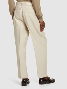 Front button and concealed zip closure. Belt loops. Two side pockets. Two back welt pockets. Lined. Model is wearing a size40 Beige Bottoms With Pressed Crease And Straight Hem, Formal Tapered Leg Bottoms With Patch Pockets, Formal Tapered Leg Pants With Patch Pockets, Tailored Bottoms With Patch Pockets For Business Casual, Formal Trousers With Patch Pockets, Tailored Tapered Leg Pants With Patch Pockets, Elegant Chinos With Pockets And Straight Hem, Tailored Casual Bottoms With Concealed Placket, Tailored Bottoms With Patch Pockets And Straight Hem