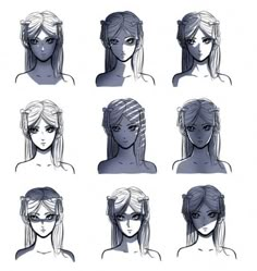 a bunch of different hairs styles on a woman's head and shoulders, all drawn in