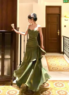 Big Green Prom Dress, Prom Dress Inspiration Emerald Green, Pleated Green Dress, Prom Dress Thick Straps, Floor Length Green Dress, Victorian Prom Dresses, Prom Dresses Olive Green, Long Silk Prom Dress, Ethereal Prom Dress Elegant