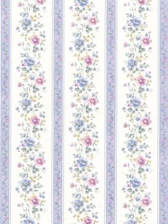 a white and blue striped wallpaper with flowers