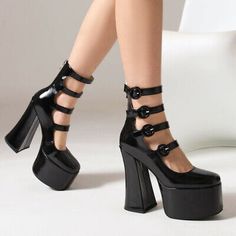 Womens Chic Patent Multi Buckle Straps Platform Block Heel Gladiator Shoes v484 | eBay Punk Chunky Platform Heels With Pointed Toe, Punk Style Synthetic Heels For Spring, Spring Punk Synthetic Heels, Punk Platform Heels With Pointed Toe, Trendy Ankle-high Heels With Chunky Platform, Summer Concert Heels With Round Toe, Trendy Ankle-high Chunky Platform Heels, Punk Patent Leather Heels For Party, Spring Punk Platform Heels