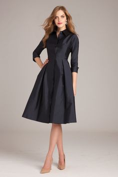 Taffeta Shirtdress | Teri Jon Minimalist Dress Formal, Couture Dior, Navy Cocktail Dress, Tea Length Skirt, A Line Cocktail Dress, Teri Jon, Designer Cocktail Dress, Work Dresses, Minimalist Dresses