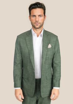 Step into the luxurious comfort of the Aspen Green Hopsack Suit. Make a statement and turn heads with this custom made suit that exudes style and confidence. Cut from a premium bamboo/wool/linen/silk blend from Cavani, elevating your wardrobe has never been easier than with this bold and captivating suit. Luxury Linen Tweed Jacket With Notch Lapel, Luxury Linen Tweed Jacket For Business, Tailored Luxury Linen Blazer, Luxury Tailored Linen Blazer, Luxury Linen Business Tweed Jacket, Luxury Linen Tweed Jacket For Business Casual, Formal Linen Sport Coat With Pressed Crease, Single-breasted Linen Suits For Office, Elegant Linen Tweed Jacket For Work