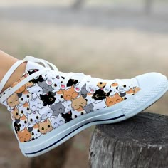 These Cute Cat shoes are sure to attrack some attention ! Our custom made shoes will make the best gift for any occasion! All of our sneakers are custom-made-to-order and handcrafted to the highest quality standards Check out more of our footwear here: https://www.etsy.com/shop/unicornshoesshop/ Product Name: Cute Cat Shoes | Cat Sneakers | Cute Shoes | Cat Lover Gifts | Custom High Top Converse Style Sneakers For Adults Women & Men Product Features; ▶ Full canvas double sided print with rou Kawaii Converse, Cat Sneakers, Sneakers Cute, Shoe Painting, Painted Canvas Shoes, High Tops Sneakers, Style Converse, Cat Shoes, High Top Converse