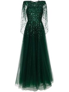 forest green sequin embellishment sheer overlay cape design round neck fitted waistline full skirt floor-length Sheer Dress Outfit, Sheer Dresses Outfit, Gown Green, Cape Gown, Dinner Dress Classy, Muslim Fashion Dress, Bridal Dress Design, Sheer Overlay, Jenny Packham