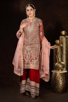 Red full sleeves A-line kurta with all over persian jaal embroidery using dori, thread and sequin highlights. Paired with a matching fleur embroidered palazzo and a contrasting baby pink scallop border fleur motif embroidered organza dupatta. - Aza Fashions Jaal Embroidery, Kurta Palazzo Set, Scallop Border, Women Kurta, A Line Kurta, Palazzo Set, Embroidered Organza, Straight Kurta, Organza Dupatta