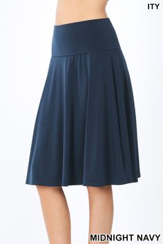 Alure Flared A-Line Skirt with Yoga Style Foldover Waistband POLYESTER 95%, SPANDEX 5% Slinky ITY fabric Sizing Preference: Small size 6/8 Medium size 10/12 Large size 14/16 XL size 18/20 1XL size 22/24 2XL size 24/26 3XL size 28+ Coral Outfit, Comfy Skirt, Capsule Wardrobe Work, Yoga Style, Yoga Fashion, Black Midi Skirt, Midnight Navy, Knee Length Skirt, Work Blouse