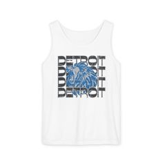 a white tank top with the words detroit detroit on it and an eagle in blue