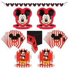 mickey mouse party supplies including tableware and decorations