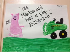 a child's drawing of a pig driving a tractor with the words old mcdonald had a pig