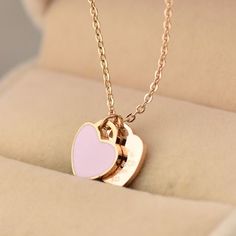 Women's 18K Rose Gold Love Heart Necklace for Girlfriend Personalized Pink Necklaces For Best Friend Gift, Trendy Rose Gold Heart Necklace, Pink Double Heart Jewelry Gift For Her, Pink Clavicle Chain Necklace For Valentine's Day, Double Heart Charm Necklace For Best Friend, Heart Charm Double Heart Necklace For Best Friend, Pink Clavicle Chain Jewelry For Mother's Day, Pink Heart-shaped Clavicle Chain Jewelry, Pink Heart-shaped Jewelry With Clavicle Chain