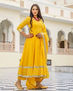 Dress Set Anarkali Style - Shaili - www.riafashions.com Haldi Outfits, Gota Work, Palazzo Suit, Cotton Dupatta, Anarkali Suit, Home Dress, Dress Set, Suit Set, Indian Wear