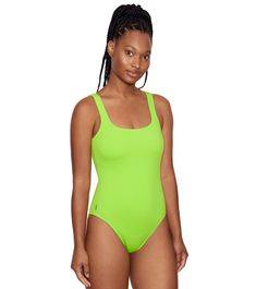 Polo Ralph Lauren Women's Martinique One Piece Swimsuit at SwimOutlet.com Nylon Scoop Neck Swimwear For The Beach, Summer Fitted One-piece With Scoop Neck, Summer Seamless Nylon Bodysuit, Seamless Nylon Summer Bodysuit, Seamless Sleeveless One-piece For Poolside, Scoop Neck Swimwear For Spring Pool Occasions, Scoop Neck Swimwear For Spring Pool, Sleeveless Seamless One Piece For Poolside, Spring Scoop Neck Swimwear For Pool