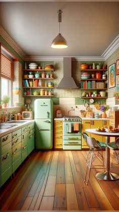 an old fashioned kitchen with green cabinets and wood flooring is pictured in this image