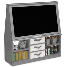 an entertainment center with drawers and chalkboard on the top, including two bins