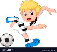 a young boy kicking a soccer ball on a white backgroung with black and blue stripes