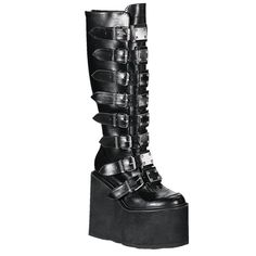 Demonia Swing-815 Black Vegan Leather With A 5 1/2" (14cm) Wedge Platform Goth Punk Gogo Knee Boot With Metal Plates, Full Back Zipper, Demonia Trinity Boots, Swi815/Bvl Free Shipping And Brand New In The Box Great For A Festival Set, Rave Outfit, As Goth Boots, Emo And Alternative Fashion, Cosplay Costumes, Dolls Kill And Hot Topic Shoes, And More #Nwt #Punk #Grunge #Dollskill #Winter Fake Demonia Boots, Demonia Wedge Boots, Demonia Camel 311 Boots, Leather Platform Wedge Boots For Party, Punk Style Leather Boots With Wedge Heel, Punk Leather Boots With Wedge Heel, Black Leather Wedge Boots For Concert, Leather Platform Boots With Wedge Heel For Parties, Edgy Leather Wedge Boots For Concert