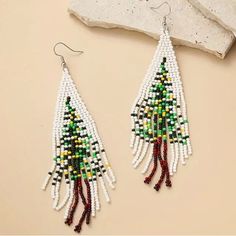 Long Multi Color Boho Drop Statement Earrings. Made With Glass Seed Beads & Stainless Steel Fish Hook. Christmas Tree Colors Are Multi Greens, Touch Of Yellow, Reds & White. Measurements Are Approximately 4.5” Long. In New Condition. Nwt Boutique Item Bohemian Beaded Earrings For Christmas, Multi Color Christmas Tree, Christmas Tree Colors, Beaded Christmas Earrings, Christmas Beaded Earrings, Color Christmas Tree, Thread Projects, Beading Flowers, Diy Seed Bead Earrings