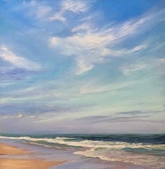 an oil painting of the beach with waves coming in to shore and blue sky above