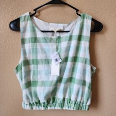 By Together Sleeveless Top Green Plaid Medium Green Sleeveless Summer Top, Green Tank Top For Spring, Casual Spring Crop Top Vest, Spring And Summer Sleeveless Crop Top, Cotton Summer Crop Top, Spring Casual Crop Tank Top, Spring Vacation Vest Crop Top, Sleeveless Casual Crop Top For Day Out, Green Vest Top For Spring