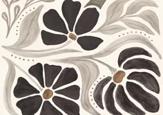 a drawing of flowers and leaves on a white background with brown dots in the center