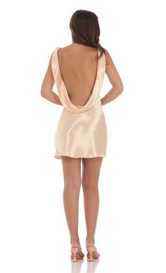 Satin Open Back Dress in Champagne | LUCY IN THE SKY Silk Mini Dress For Party, Flowy Short Silk Dress, Backless Dress Formal Mini, Champagne Dresses Short Tight, Luxury Satin Backless Mini Dress, Champagne Satin Halter Sheath Mini Cocktail Dress, Short Champagne Dress Tight, Luxury Backless Mini Dress With Tie Back, Mini Dresses Party Satin