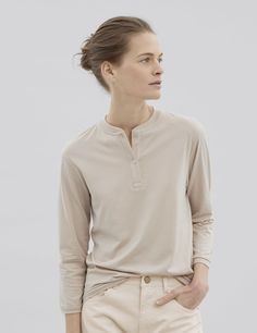 Henley | håndværk Classic Stretch Tops For Work, Classic Stretch Tops For Business Casual, Classic Elastane Tops For Spring, Cream Fine Knit Tops For Work, Classic Tops For Workwear, Classic Tops For Spring, Classic Spring Tops With Minimal Stretch, Timeless Cotton Tops For Spring, Classic Beige Tops With Concealed Placket