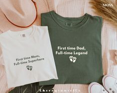 Celebrate your journey to motherhood with this stylish Pregnancy Announcement Shirts; First time mom, Full-time superhero & First time Dad, Full time Legend for New Mom and Dad. Our Mama in the Making T-shirt is the perfect way to share your exciting news with the world.  This super-soft tee makes a thoughtful and unique gift for any new mom in your life.  Whether you're announcing your pregnancy or looking for a special gift, this shirt is sure to make a statement.  * Unisex Garment-Dyed Sweats Dad Baby Shower Shirt, Dad To Be Shirt, Mom Dad Hats Pregnancy Announcement, Family Matching White Maternity T-shirt, Mom And Dad Shirts Pregnancy, First Time Dad, Pregnancy Announcement Shirt, Stylish Maternity, Mama Sweatshirt