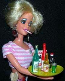 a barbie doll holding a tray with drinks and condiments