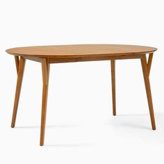 a wooden table with two legs and a round shaped top, on a white background