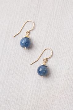 Elegant smooth kyanite with vermeil spacers shine in these simple handmade dangle earrings for women! Gold filled, vermeil spacers Approx 1" length kyanite Our unique handmade designer jewelry for women is made in America, each design created individually in our personal design studio in Floyd VA USA Simple Beaded Earrings, Simple Bead Earrings, Floyd Virginia, Diy Earrings Dangle, Handmade Pearl Jewelry, Homemade Earrings, Diy Earrings Polymer Clay, Designer Handmade Jewellery, Earrings Handmade Dangle