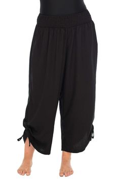 BOHO WIDE LEG ANKLE LENGTH SUMMER PANTS are loose and comfortable on hot summer days. Great for everyday wear, loungewear or beach pants. WIDE ELASTIC SMOCKED WAIST FOR ULTIMATE COMFORT. Lightweight and fast drying, wear these pants as a swimsuit cover up, resort wear or on a cruise WEAR THEM ANKLE LENGTH OR ADJUST SIDE TIES to give these boho pants a capri look. Dress them up or down. Soft and super comfortable, they’ll fast become your favorite warm weather pants MADE FROM 100% HIGH-QUALITY BR Baggy Drawstring Harem Pants For Vacation, Relaxed Summer Bottoms With Pull-on Style, Summer Ankle-length Harem Pants With Elastic Waistband, Baggy Harem Pants For Beach And Spring, Beach Baggy Bottoms With Drawstring, Baggy Drawstring Bottoms For Beach, Beach Baggy Drawstring Bottoms, Baggy Drawstring Beach Bottoms, Baggy Harem Pants With Drawstring For Beach