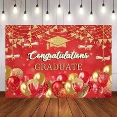 congratulations banner with balloons and confetti on red background for graduation party or congratulation