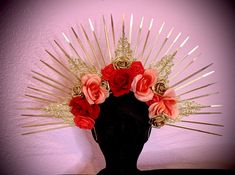 This is a gorgeous headpiece that is perfect for any event or photoshoot. Each spike is approximately 7.5 inches. The headpiece is made from a flexible headband, with zip ties, gold lace, and satin and foam roses. Each headpiece is handmade and can have slight variations from the photos. Pink Crown-shaped Headband For Party, Bohemian Teardrop Crown For Festivals, Festive Adjustable Crown Headpiece, Red Whimsical Headband Style Headpiece, Bohemian Headpieces With Pinched Crown For Party, Whimsical Red Headband Style Headpiece, Bohemian Pinched Crown Headpiece For Parties, Whimsical Gold Crown For Party, Bohemian Headpieces With Matching Headband For Party