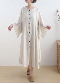 Fashion Beige O-Neck Button Maxi Dresses Fall Cotton Dress - Omychic Beige Shirt Dress With Button Cuffs For Spring, Casual Long Dress With Buttons, Casual Long Dress With Button Closure, Long Casual Dress With Button Closure, Casual Long Maxi Dress With Buttons, Beige Button-up Cotton Dress, Long Shirt Dress With Buttons, Cream Button-up Dress With Buttons, Casual Beige Button-up Dress