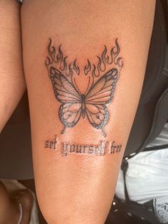 a woman's leg with a tattoo on it that says, let yourself fly