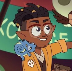 a cartoon character with glasses and an owl on his shoulder, pointing at something in front of him