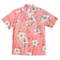 Vintage floral Hibiscus print extends the laid-back island vibe of a lightweight Hawaiian sport shirt in a roomy, relaxed cut. Hawaiian-made in Honolulu, Hawaii with coconut buttons and matching chest pocket. Relaxed pointed collar Coconut buttons Matching left chest pocket Short sleeves Straight hem Cotton Poplin Made in Hawaii, USA Size S - 2XL Relaxed Fit Pink Camp Shirt For Spring, Casual Pink Hawaiian Shirt For Spring, Relaxed Fit Cotton Hawaiian Shirt With Hibiscus Print, Spring Hibiscus Print Relaxed Fit Shirt, Spring Relaxed Fit Hibiscus Print Shirt, Pink Cotton Short Sleeve Hawaiian Shirt, Pink Floral Print Relaxed Fit Shirt, Pink Tropical Vacation Tops, Pink Tropical Tops For Vacation